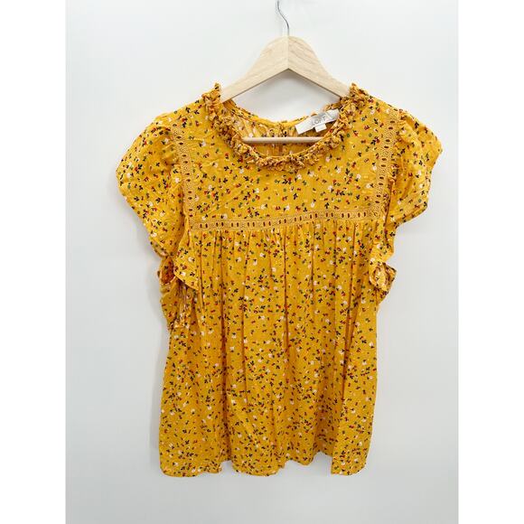 Loft Blouse Women Medium Orange Yellow Floral Lacy Flutter Sleeve Top Feminine - Picture 1 of 8